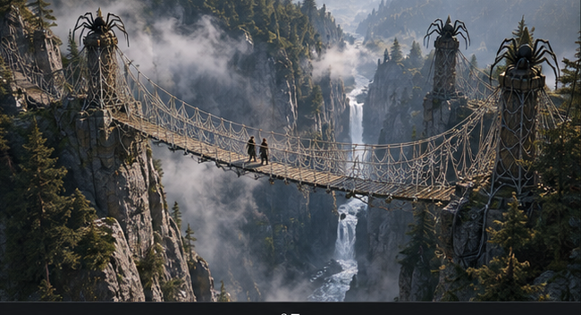 Two small figures cross a vast web bridge above a mist-filled gorge.