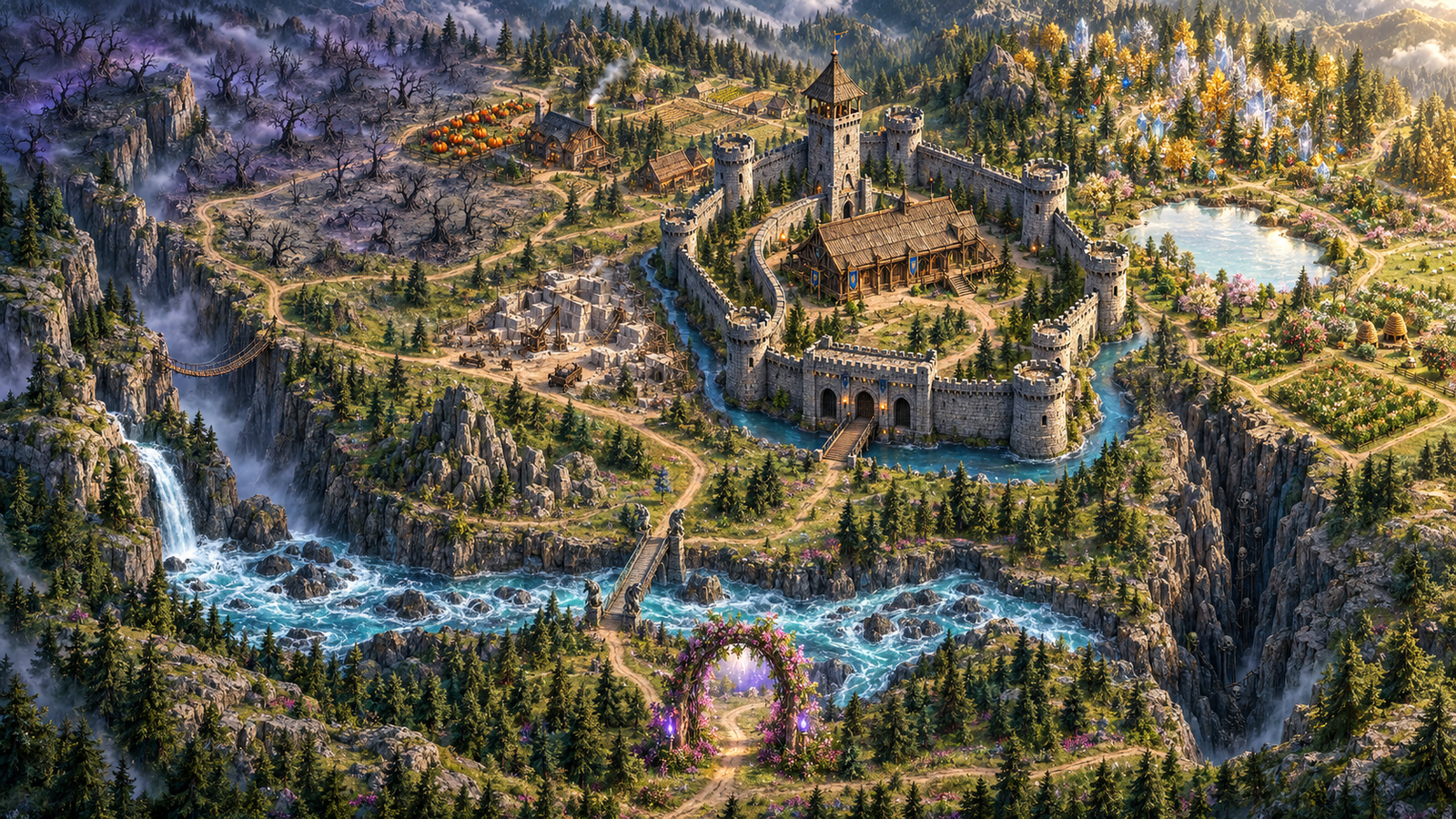 A panoramic map of Ferdous, with its castle, forests, rivers, and Floral Gate.