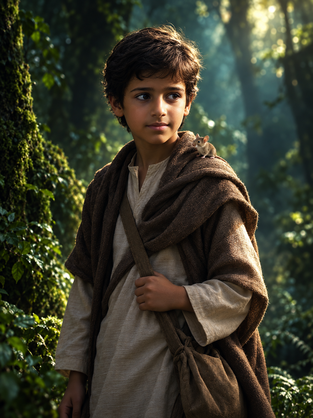 Waleed in a pale thob and brown shawl, with Farra the mouse on his shoulder